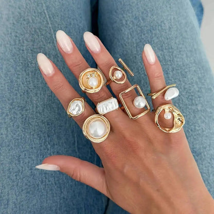 Ingemark 8Pcs/Set Bohemian Imitation Pearl Open Rings for Women New Trendy Irregular Adjustable Finger Ring Baroque Jewelry Gift