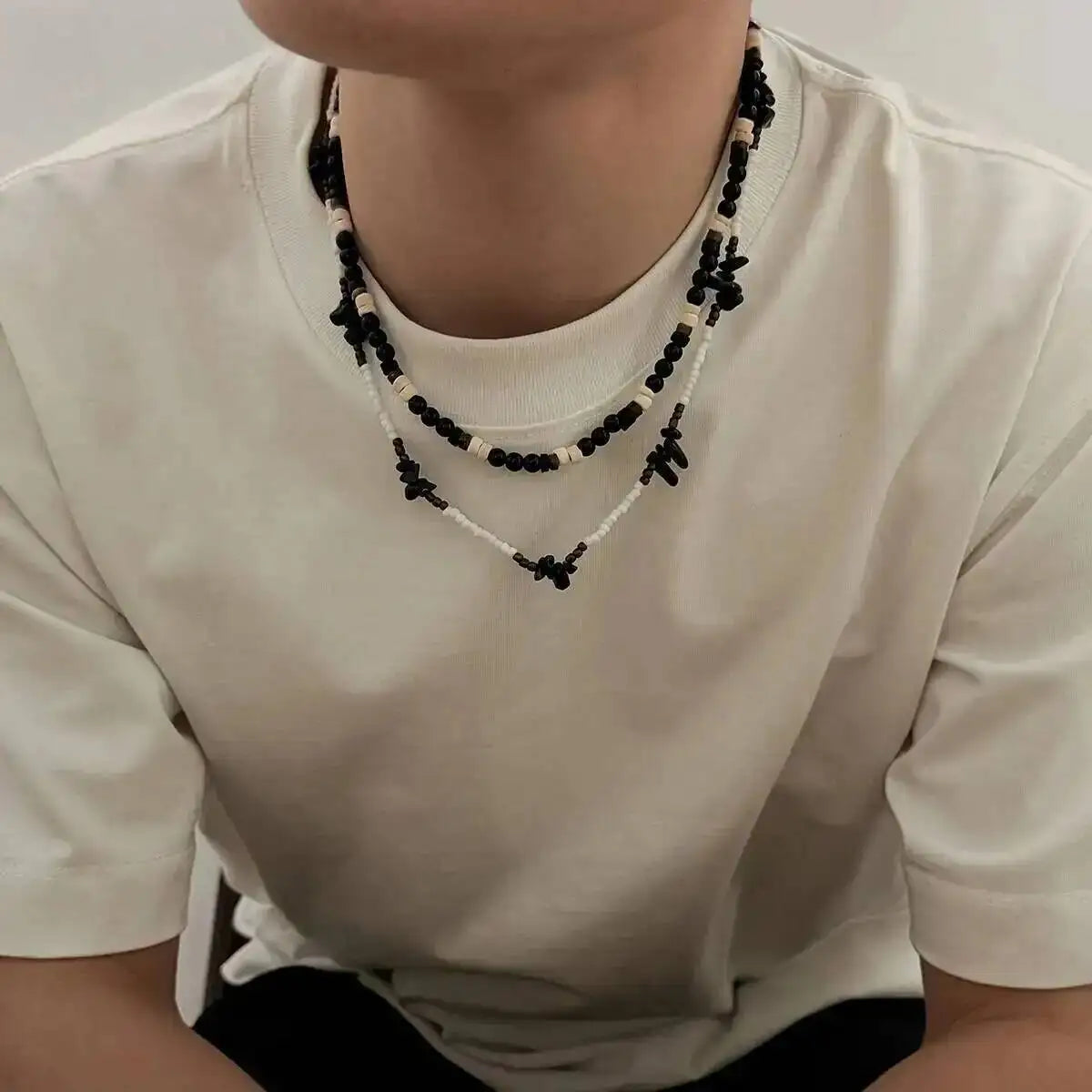 Ingemark 2Pcs/Set Trendy Black White Acrylic Seed Beads Choker Necklace for Men Punk Vintage Stackable Collar Chain Neck Jewelry