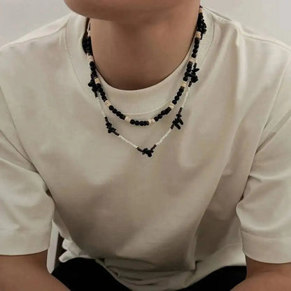 Ingemark 2Pcs/Set Trendy Black White Acrylic Seed Beads Choker Necklace for Men Punk Vintage Stackable Collar Chain Neck Jewelry