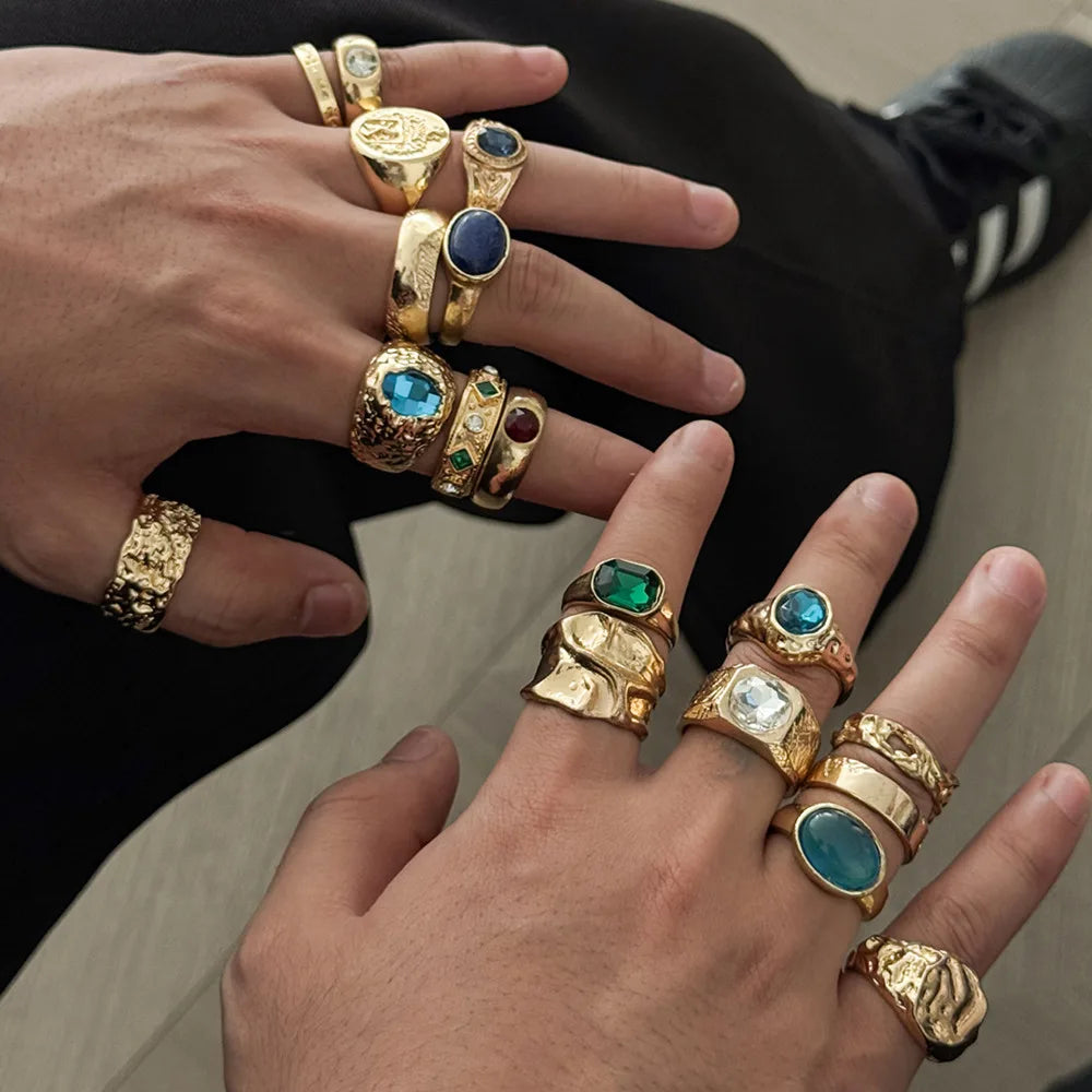 Ingemark 18 Pcs/Set Hip-Hop Inlay Colorful Acrylic Rhinestone Ring Men Vintage Texture Metal  Adjustable Open Rings Wholesale