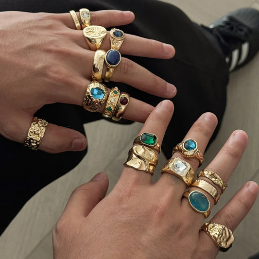 Ingemark 18 Pcs/Set Hip-Hop Inlay Colorful Acrylic Rhinestone Ring Men Vintage Texture Metal  Adjustable Open Rings Wholesale