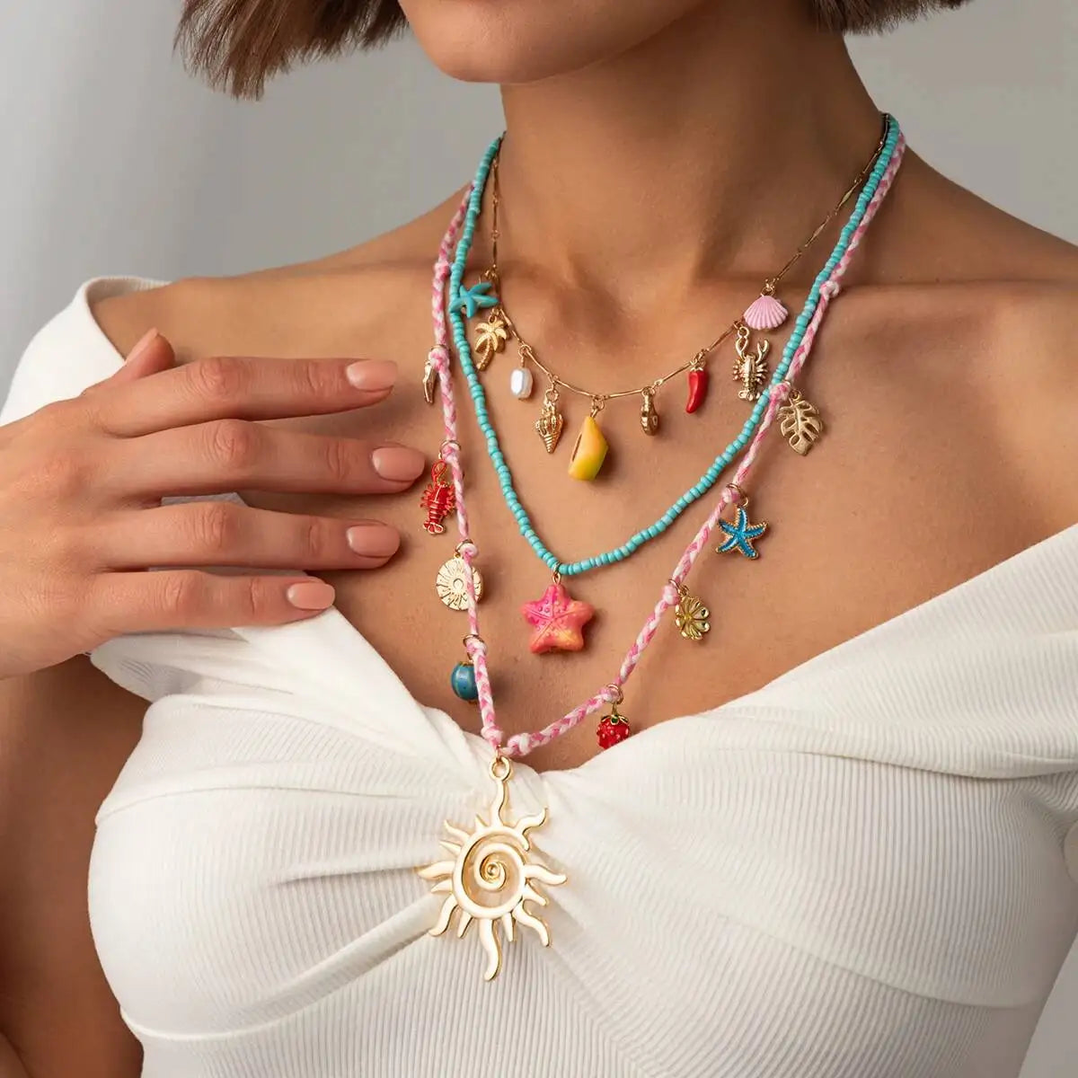 Ingemark 3 Pcs/Set Cute Starfish Conch Crayfish Sun Pendant Necklace for Women Summer Beach Beads Chain Choker Y2K Jewelry Gifts