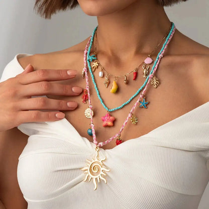 Ingemark 3 Pcs/Set Cute Starfish Conch Crayfish Sun Pendant Necklace for Women Summer Beach Beads Chain Choker Y2K Jewelry Gifts