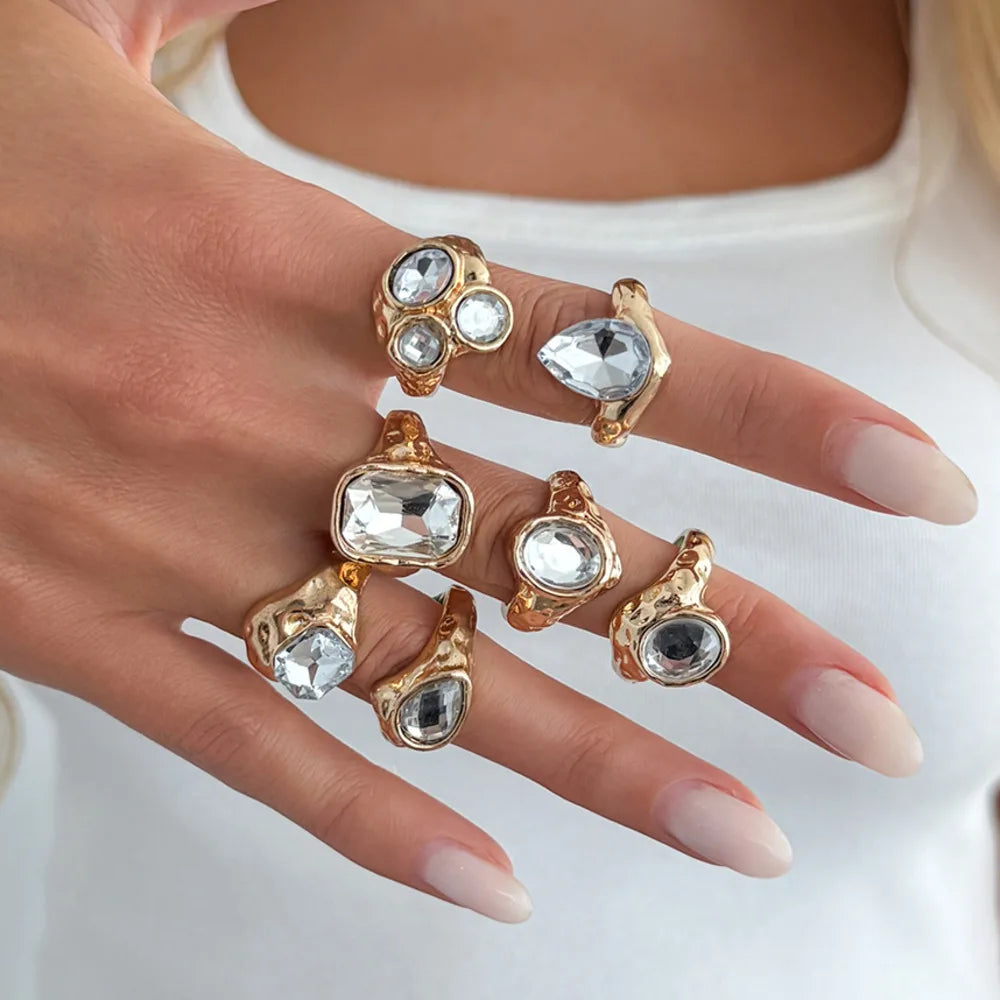 Ingemark 7 Pcs Personalized Sparkling Rhinestone Adjustable Open Rings Set for Women Punk Waterdrop Square Stackable Finger Ring
