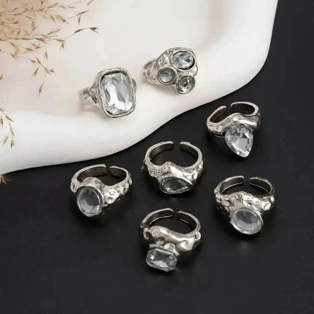 Ingemark 7 Pcs Personalized Sparkling Rhinestone Adjustable Open Rings Set for Women Punk Waterdrop Square Stackable Finger Ring