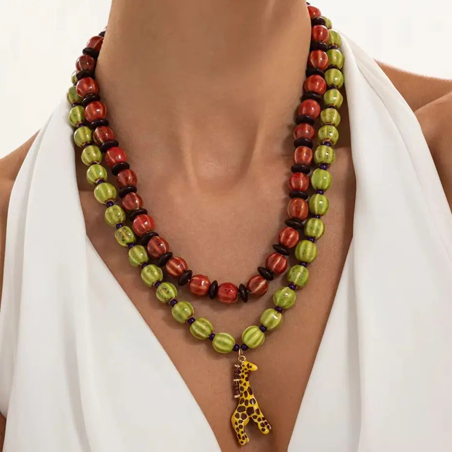 Ingemark 2Pcs/Set Trendy Red Greend Ceramics Beaded Chokers Necklace Women Vintage Stacked Giraffe Pendant Necklace Boho Jewelry