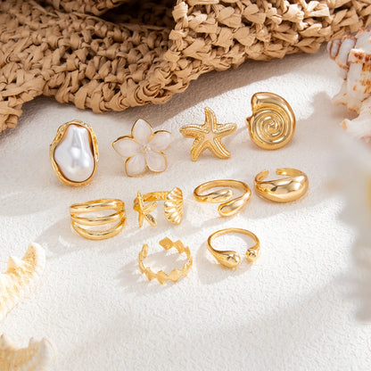 Ingemark 10 Pcs/Set Trendy Conch Starfish Flower Open Rings for Women Bohemian Imitation Pearls Ring Summer Beach Jewelry Gifts