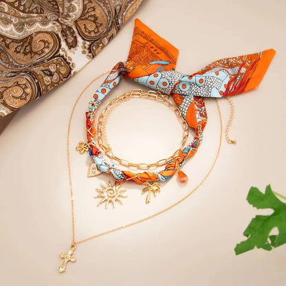 Ingemark 3Pcs/Set Boho Scarf Ribbon Choker Necklace Women Vintage Cross Sun Flower Starfish Conch Coconut Tree Pendant Necklace