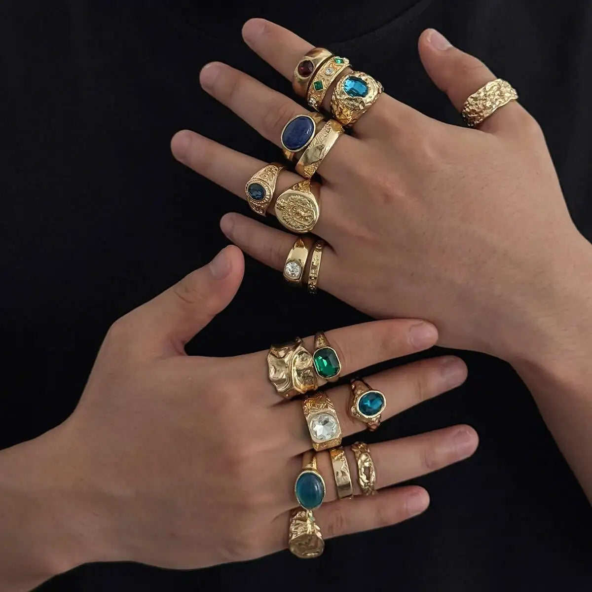 Ingemark 18 Pcs/Set Hip-Hop Inlay Colorful Acrylic Rhinestone Ring Men Vintage Texture Metal  Adjustable Open Rings Wholesale