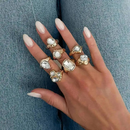 Ingemark 7 Pcs Personalized Sparkling Rhinestone Adjustable Open Rings Set for Women Punk Waterdrop Square Stackable Finger Ring