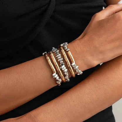 Ingemark 5 Pcs/Set Vintage Wood Beaded Elastic Bracelet for Women Classic Layering Bracelets Charm Bangles Hand Jewelry Gifts