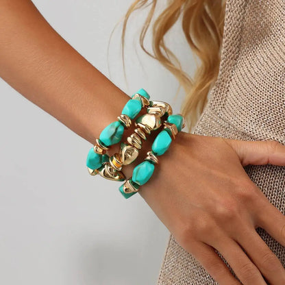 Ingemark 3Pcs/Set Baroque Acrylic Resin Beaded Bracelet for Women Vintage Boho Stacked Elastic Bangles Charm Jewelry Accessories
