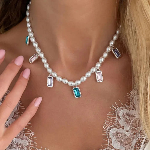Ingemark Elegant Glossy Imitation Pearl Choker Necklace for Women Cute Colorful Acrylic Rhinestone Pendant Necklace Y2K Jewelry