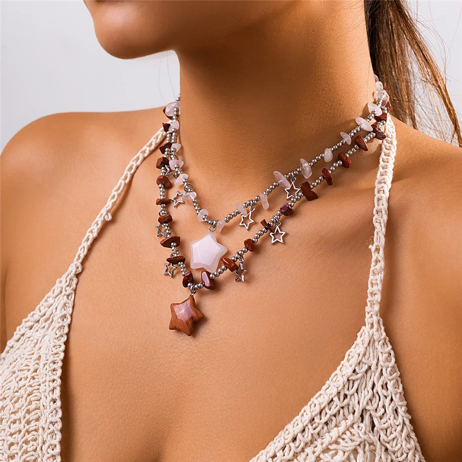 Boho Colorful Irregular Stone Hollow Star Pendant Choker Necklace Women Summer Goth Beads Chain Y2K Jewelry Accessories