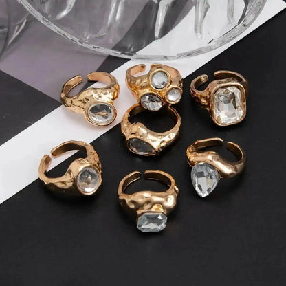 Ingemark 7 Pcs Personalized Sparkling Rhinestone Adjustable Open Rings Set for Women Punk Waterdrop Square Stackable Finger Ring