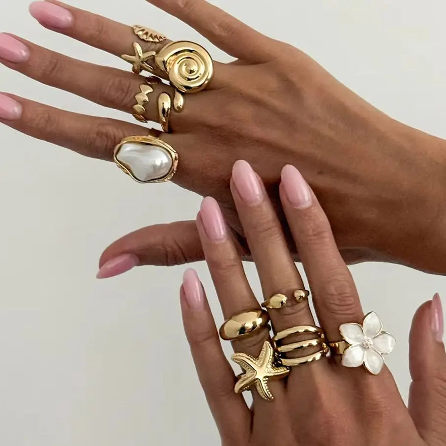 Ingemark 10 Pcs/Set Trendy Conch Starfish Flower Open Rings for Women Bohemian Imitation Pearls Ring Summer Beach Jewelry Gifts