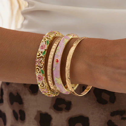 Ingemark 4Pcs/Set Elegant Enamel Dropped Glaze Flower Cuff Bracelet Women Exquisite Glass Rhinestone Gold Color Open Bangle