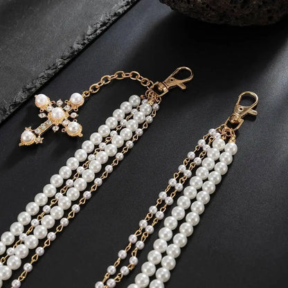 Men's Hip Hop Trend Exquisite Multilayer Imitation Pearl Keychain Cross Pendant Wallet Belt Chain Jewelry Accessory