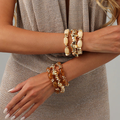 Ingemark 3Pcs/Set Baroque Acrylic Resin Beaded Bracelet for Women Vintage Boho Stacked Elastic Bangles Charm Jewelry Accessories