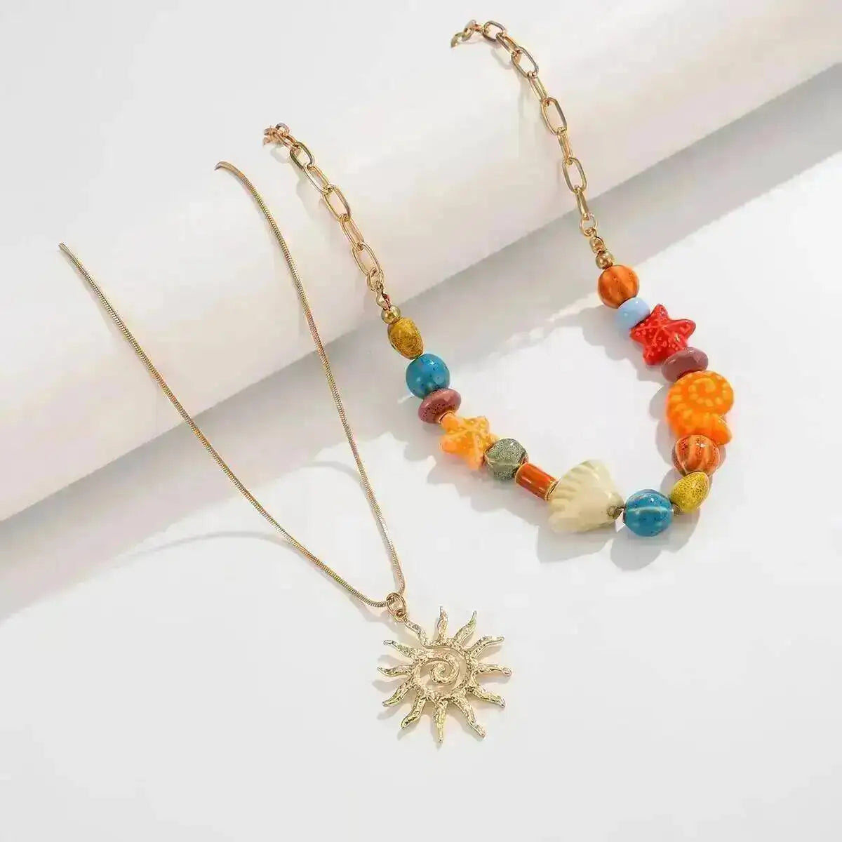 Ingemark 2 Pcs/Set Hip Hop Colorful Ceramic Sea Star Conch Bead Choker Necklace for Men Punk Retro Spiral Sun Pendant Necklaces