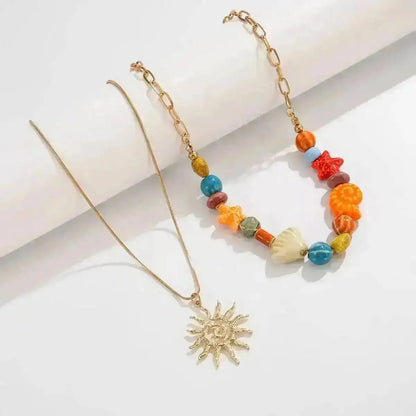 Ingemark 2 Pcs/Set Hip Hop Colorful Ceramic Sea Star Conch Bead Choker Necklace for Men Punk Retro Spiral Sun Pendant Necklaces