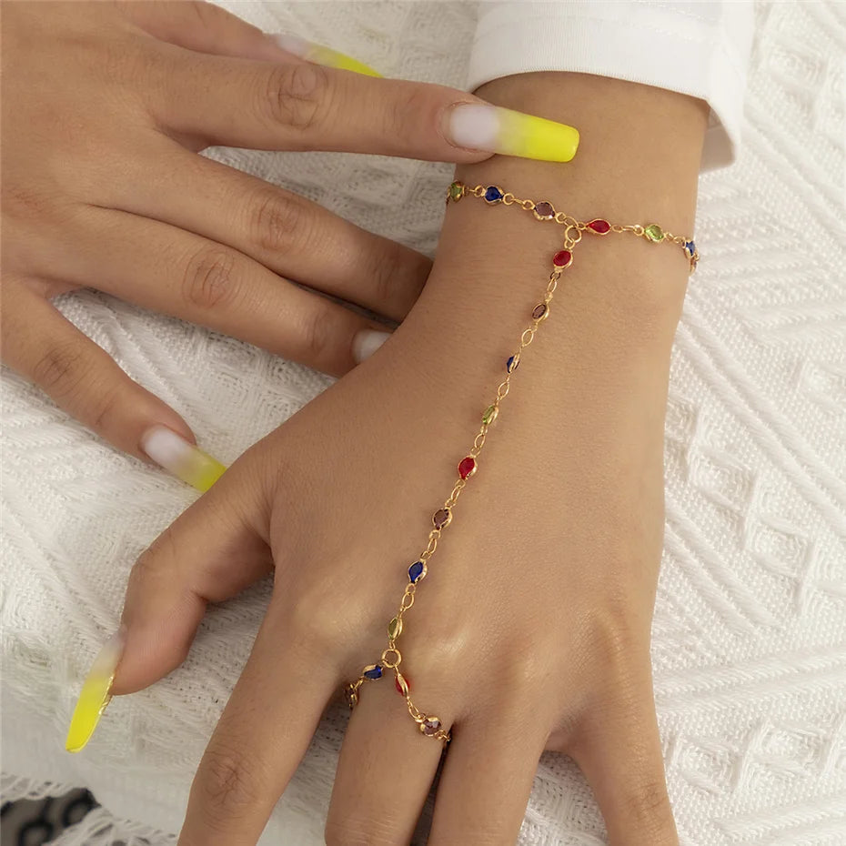 Boho Creative Simple Crystal Finger Bracelet For Women Gold Color Link Chains Connecting Hand Harness Bangles Y2K Jewelry Gift