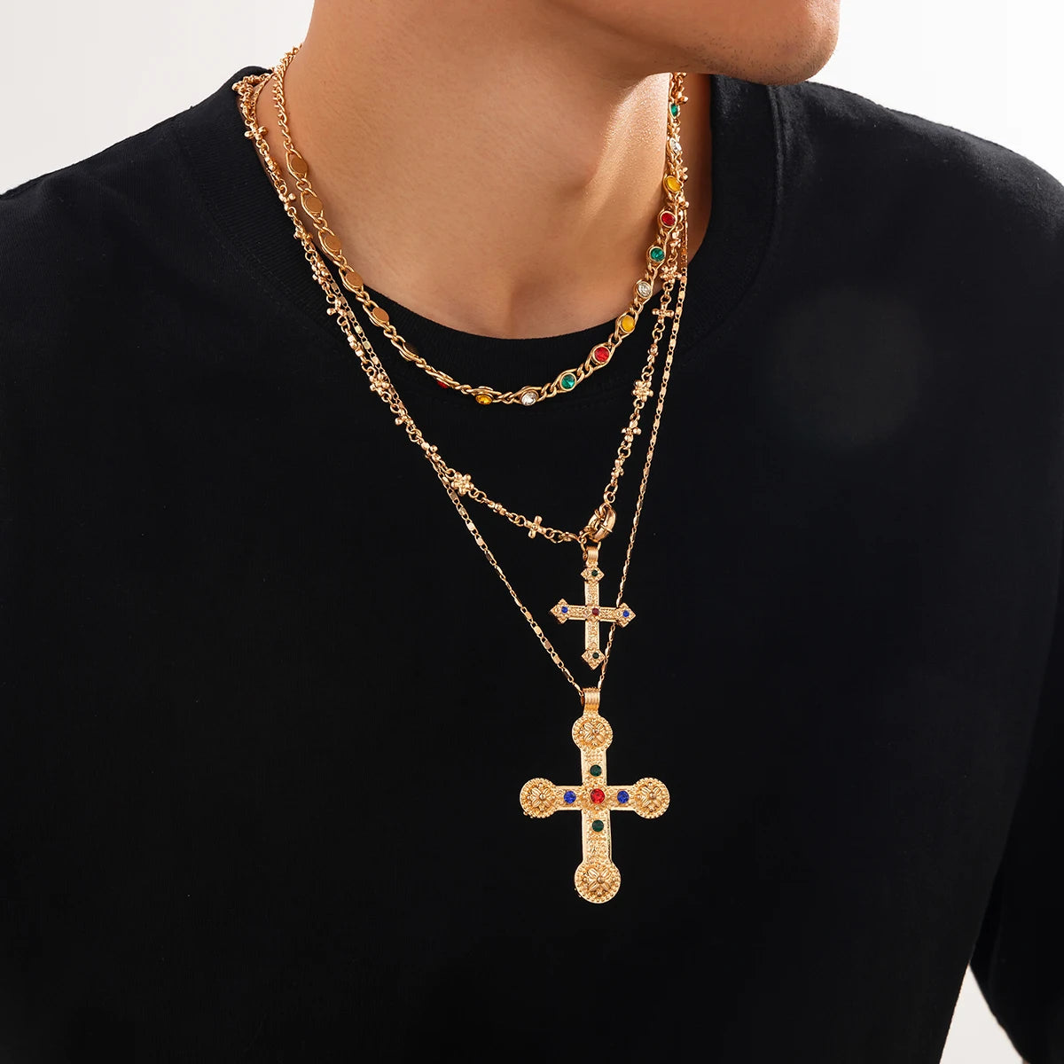 Ingemark 3Pcs Luxury Inlaid Rhinestone Imitating Pearl Chain Necklace Vintage Jesus Cross Pendant Choker Christian Jewelry Men