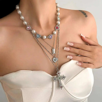 Ingemark Multilayer Rhinestone Love Heart Imitation Pearl Chain Necklace Women Creative Jesus Cross Pendant Choker Y2K Jewelry