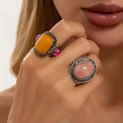 Ingemark 2 Pcs/Set Vintage Inlay Geometric Resin Oval Stone Rings Women Trend Elegant Rhinestone Adjustable Finger Ring Jewelry