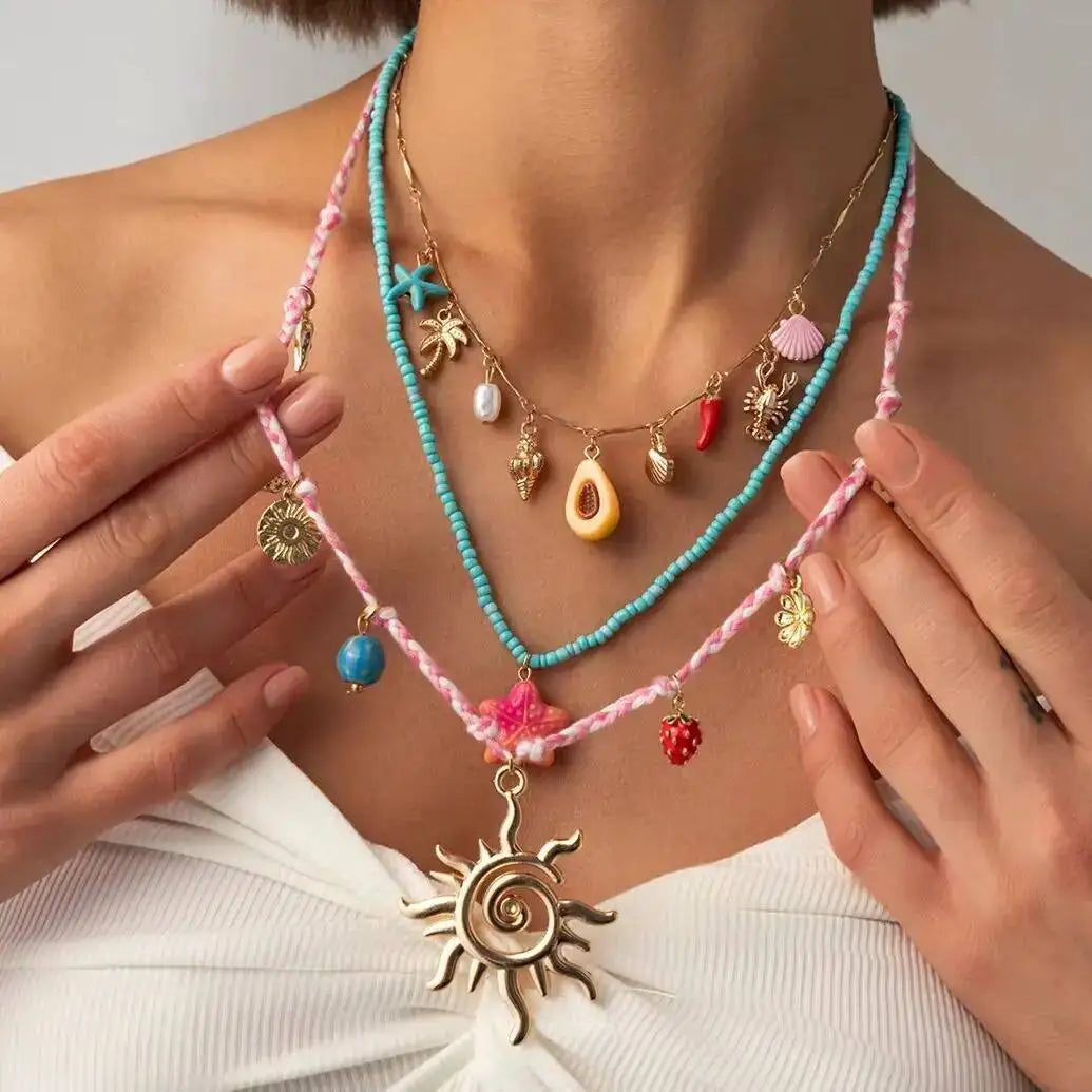 Ingemark 3 Pcs/Set Cute Starfish Conch Crayfish Sun Pendant Necklace for Women Summer Beach Beads Chain Choker Y2K Jewelry Gifts