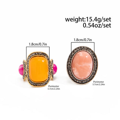 Ingemark 2 Pcs/Set Vintage Inlay Geometric Resin Oval Stone Rings Women Trend Elegant Rhinestone Adjustable Finger Ring Jewelry