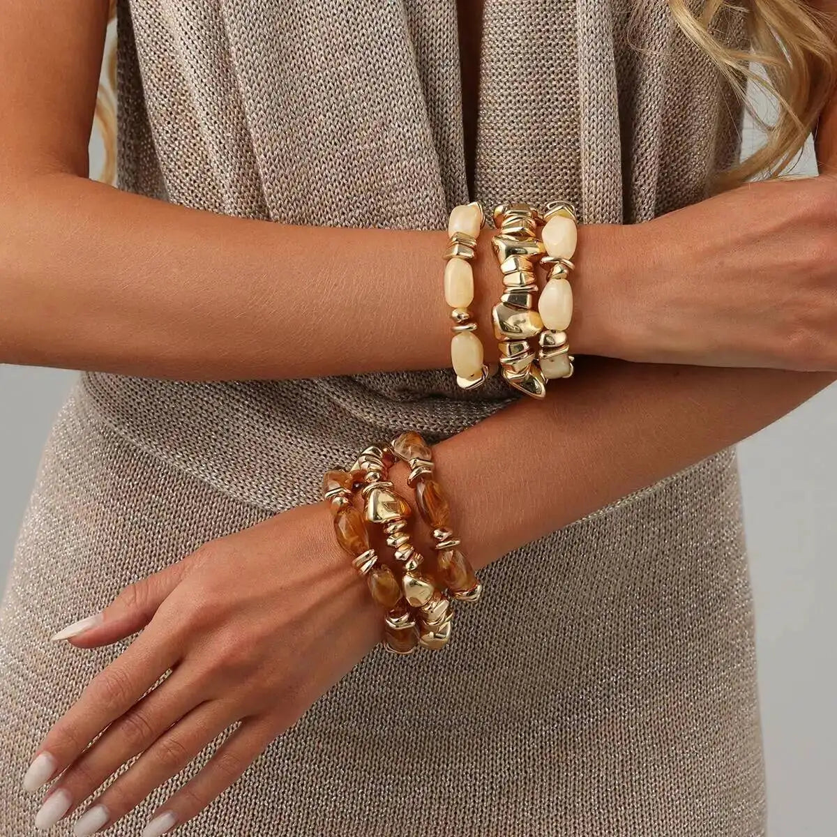 Ingemark 3Pcs/Set Baroque Acrylic Resin Beaded Bracelet for Women Vintage Boho Stacked Elastic Bangles Charm Jewelry Accessories