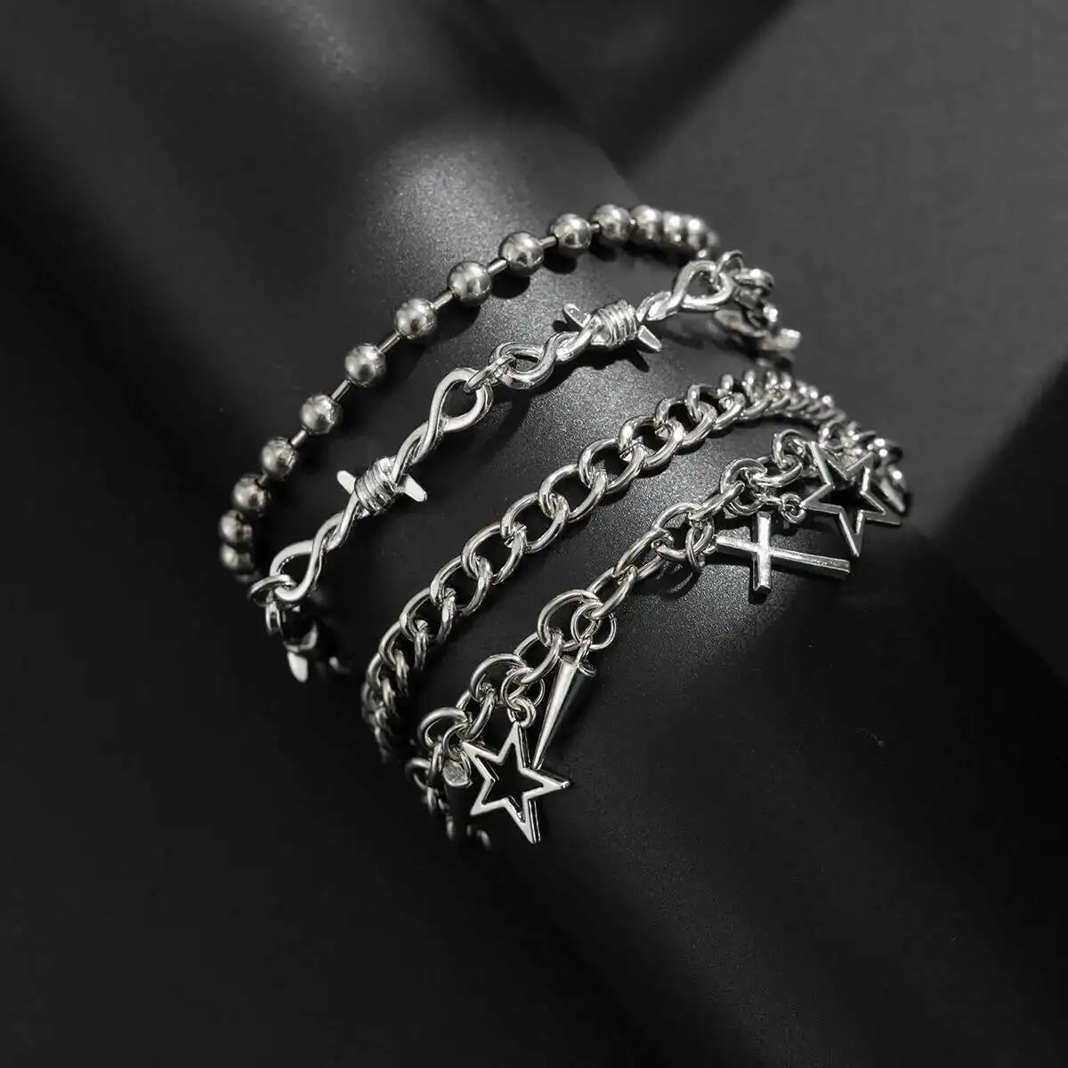 Trendy Multi Layer Stackable Cuban Chain Bracelet Men Hip Hop Pentagram Jesus Cross Rivet Pendant Bracelet Punk Jewelry