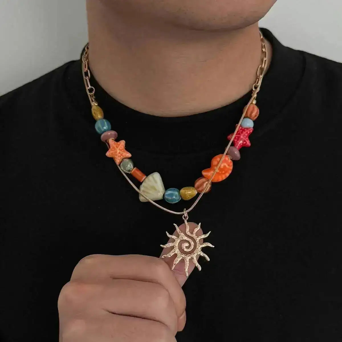 Ingemark 2 Pcs/Set Hip Hop Colorful Ceramic Sea Star Conch Bead Choker Necklace for Men Punk Retro Spiral Sun Pendant Necklaces