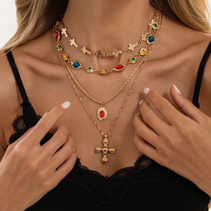 Ingemark 4Pcs/Set Luxury Inlay Colorful Rhinestone Cross Pendant Necklace Women Exquisite Multiple Layers Stackable Y2K Jewelry