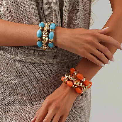Ingemark 3Pcs/Set Baroque Acrylic Resin Beaded Bracelet for Women Vintage Boho Stacked Elastic Bangles Charm Jewelry Accessories