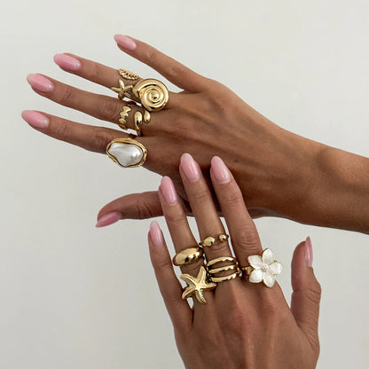 Ingemark 10 Pcs/Set Trendy Conch Starfish Flower Open Rings for Women Bohemian Imitation Pearls Ring Summer Beach Jewelry Gifts