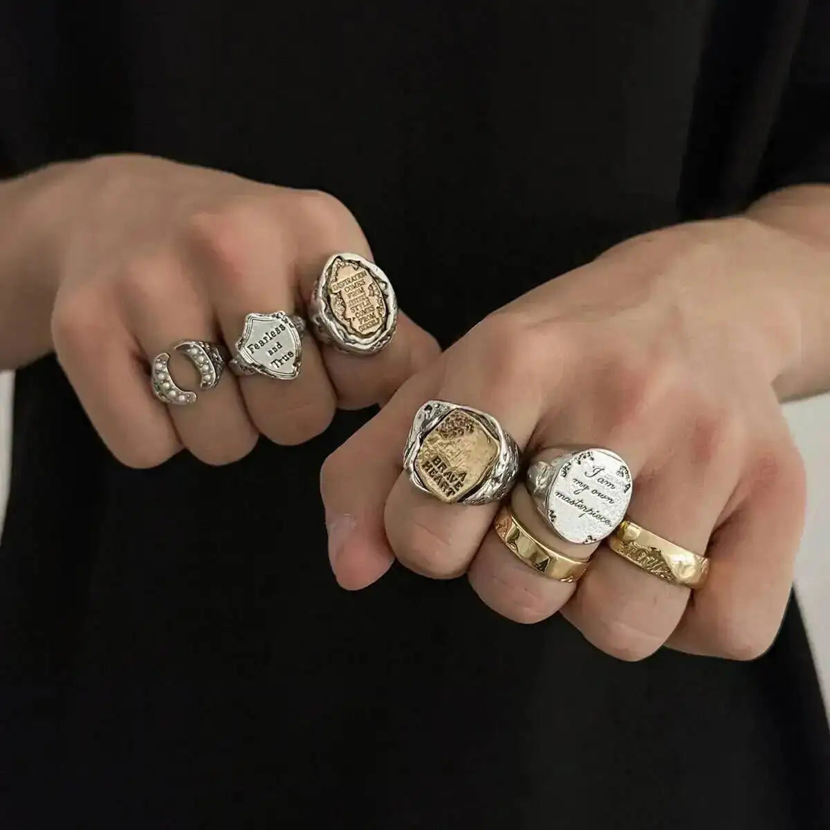 Ingemark 7 Pcs Punk Irregular Letter Chunky Open Rings Set for Men Hip Hop Metal Adjustable Knuckle Rings Grunge Jewelry New