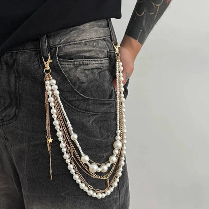 Exquisite Luxury Imitation Pearl Trousers Hipster Pant Jean Keychain for Men Punk Trousers Jeans Keyring HipHop Jewelry