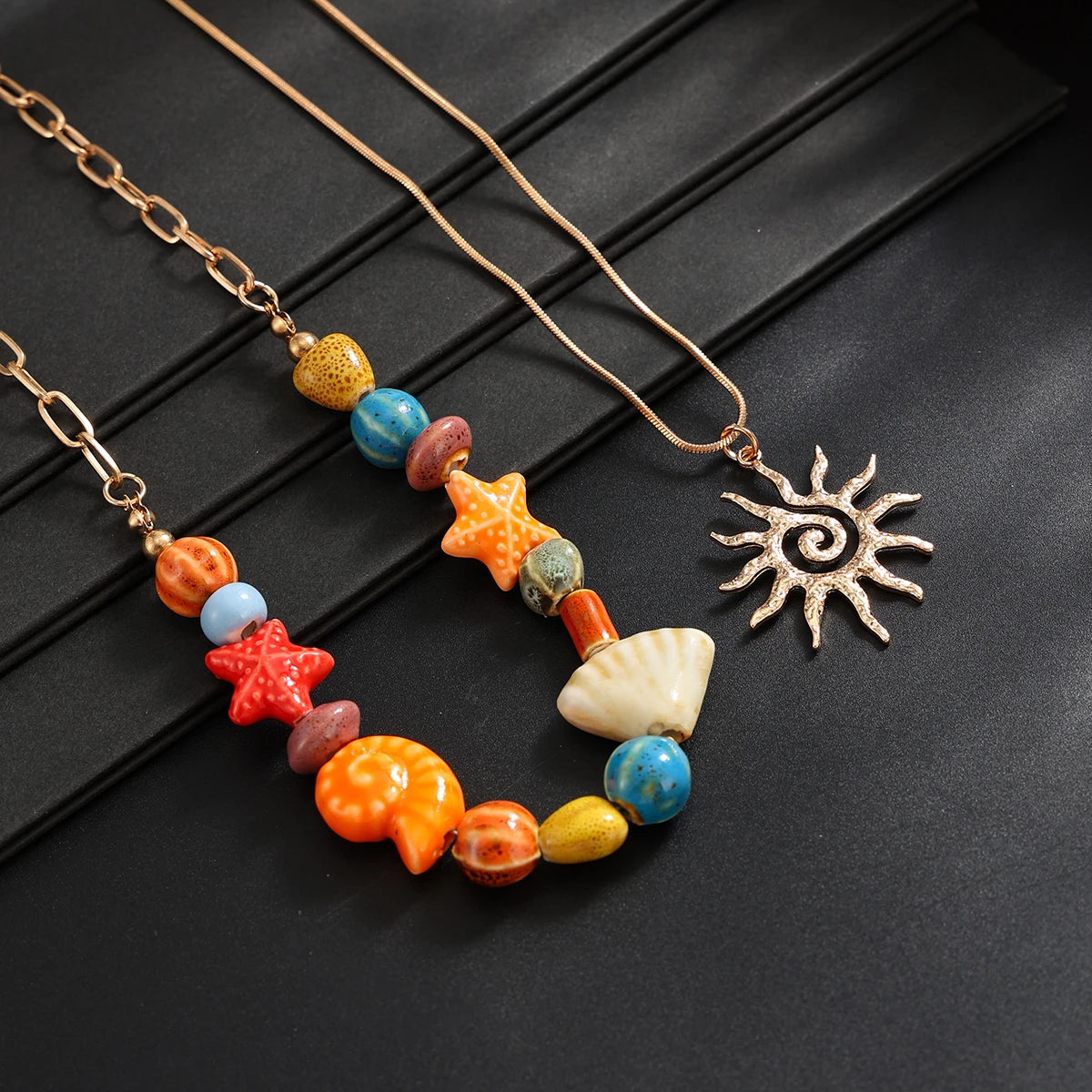 Ingemark 2 Pcs/Set Hip Hop Colorful Ceramic Sea Star Conch Bead Choker Necklace for Men Punk Retro Spiral Sun Pendant Necklaces