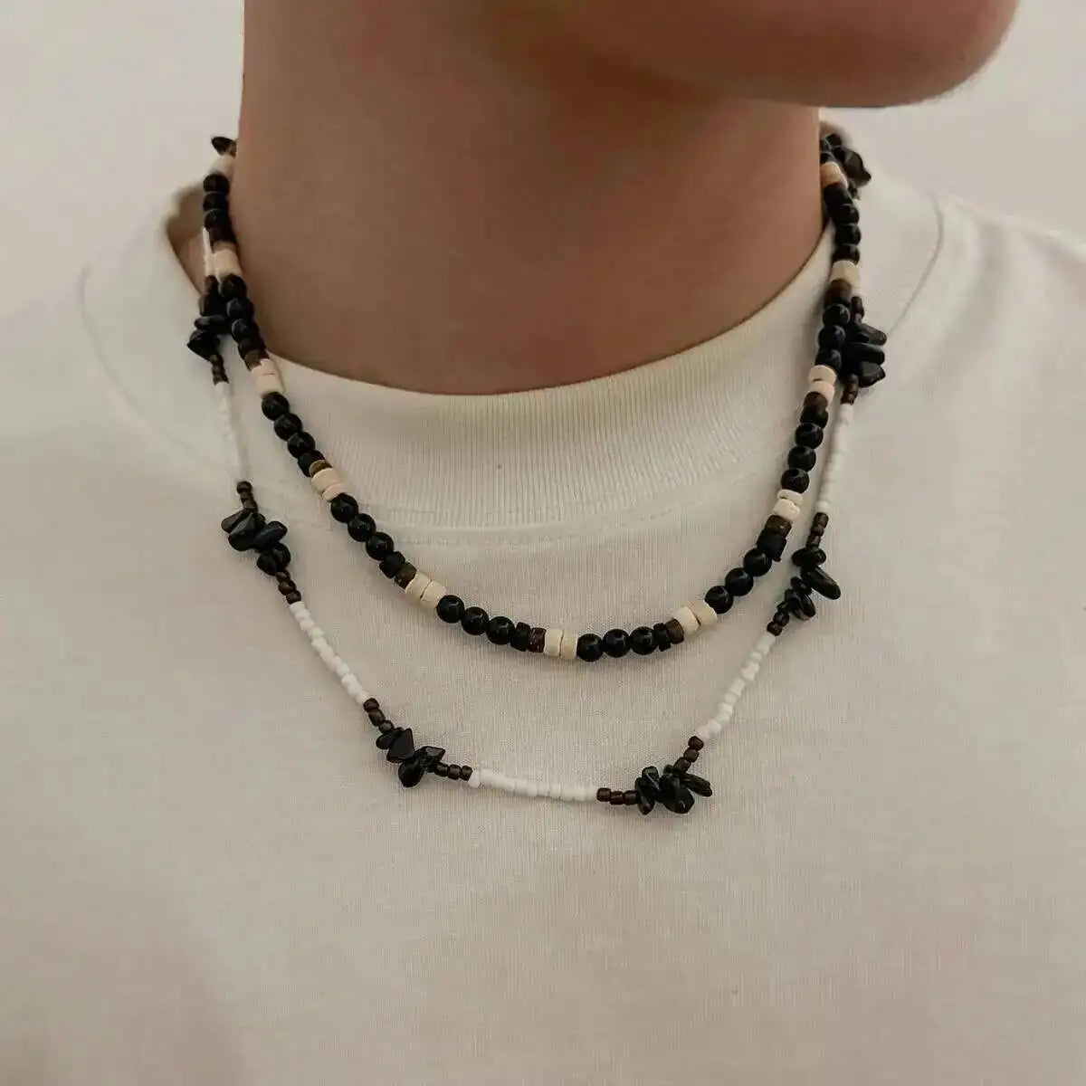 Ingemark 2Pcs/Set Trendy Black White Acrylic Seed Beads Choker Necklace for Men Punk Vintage Stackable Collar Chain Neck Jewelry