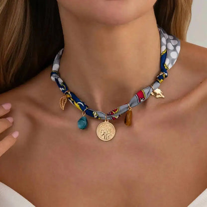 Ingemark Elegant Adjustable Silk Scarf Choker Necklace for Women Vintage Boho Leaf Coin Pendant Necklace Daily Jewelry Gift