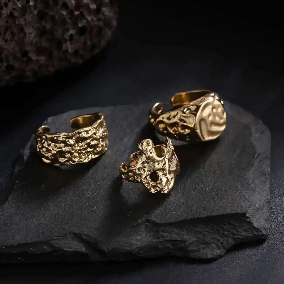 Ingemark 3Pcs/Set Creative Irregular Lava Open Ring for Men 2025 New Trendy Goth Adjustable Chunky Ring Grunge Jewelry Steampunk