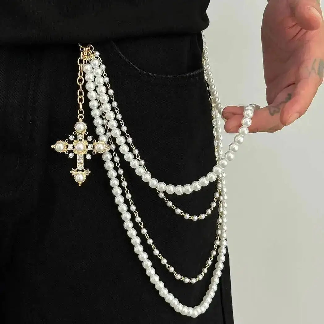 Men's Hip Hop Trend Exquisite Multilayer Imitation Pearl Keychain Cross Pendant Wallet Belt Chain Jewelry Accessory