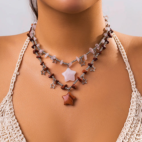 Boho Colorful Irregular Stone Hollow Star Pendant Choker Necklace Women Summer Goth Beads Chain Y2K Jewelry Accessories