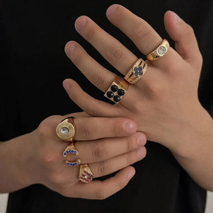 Ingemark 6 Pcs Hip Hop Colorful Rhinestones Adjustable Open Rings Set for Men Punk Retro Irregular Stackable Chunky Finger Ring