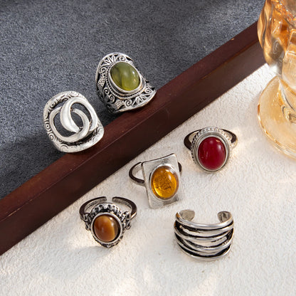 Ingemark 6 Pcs/Set Ethnic Style Colorful Resin Acrylic Rings for Women Retro Stacked Irregular Chunky Ring Daily Wear Jewelry