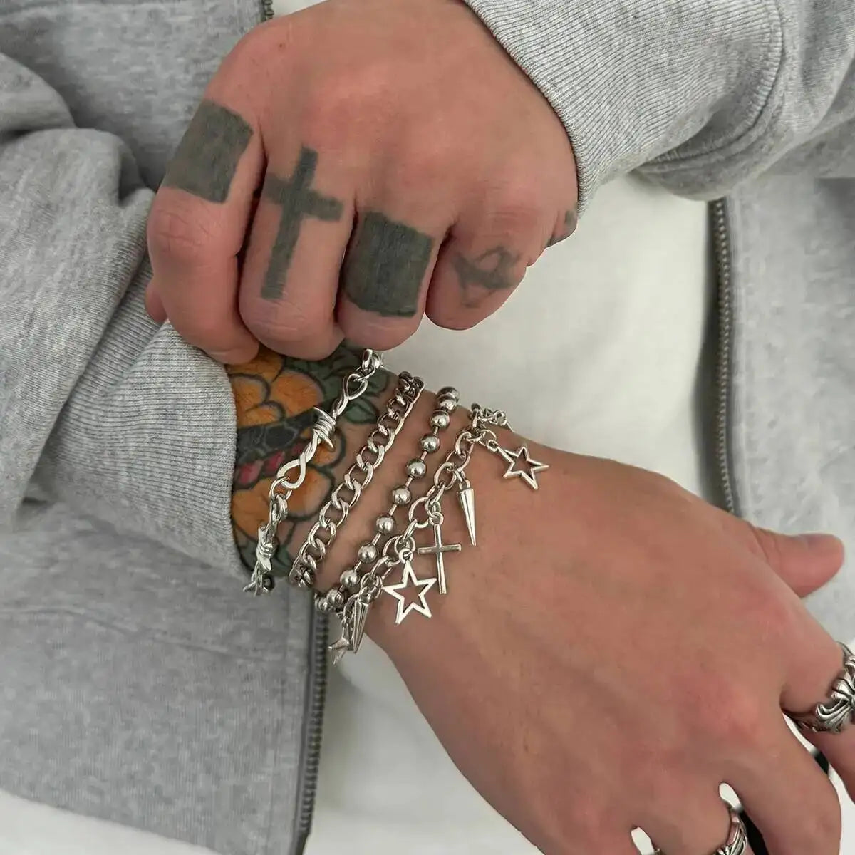 Trendy Multi Layer Stackable Cuban Chain Bracelet Men Hip Hop Pentagram Jesus Cross Rivet Pendant Bracelet Punk Jewelry