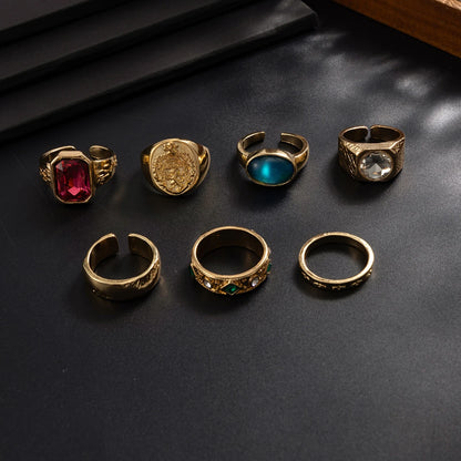 Ingemark 7Pcs/Set Luxury Inlay Acrylic Rhinestone Open Rings for Men Punk Gold Color Metal Adjustable Ring Jewelry Accessories
