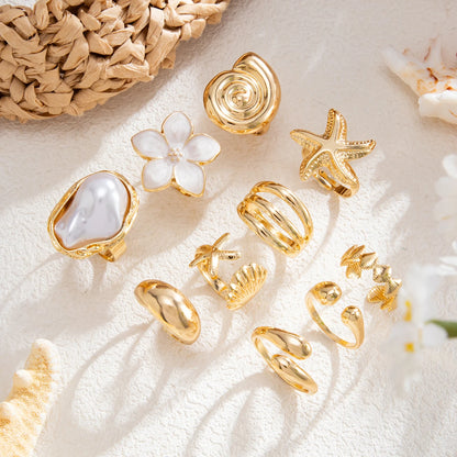 Ingemark 10 Pcs/Set Trendy Conch Starfish Flower Open Rings for Women Bohemian Imitation Pearls Ring Summer Beach Jewelry Gifts